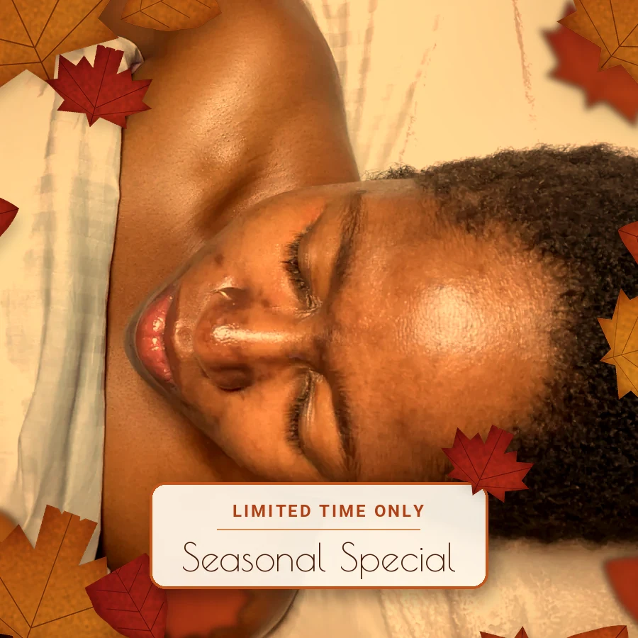 Client relaxing during a facial, framed by autumn leaves with a Limited Time Only Seasonal Special label